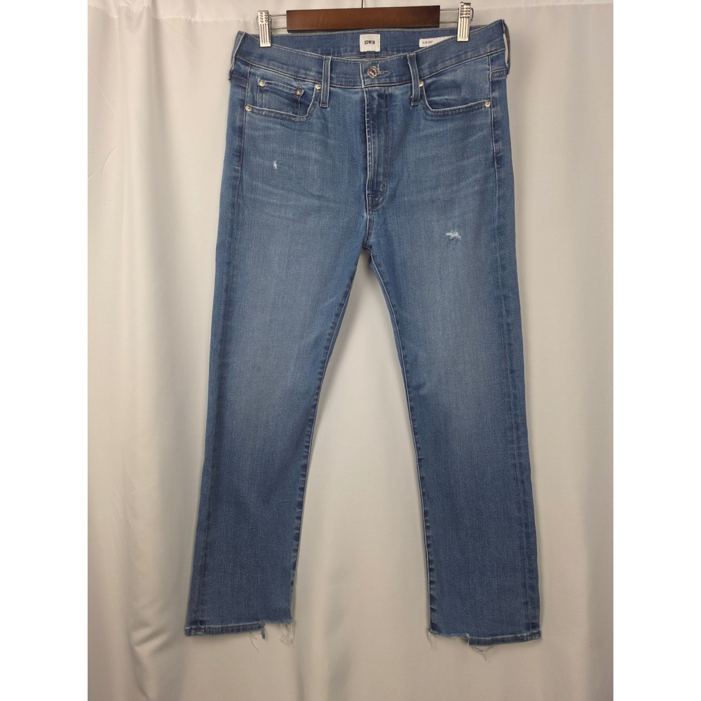 EDWIN Elin Crop Straight Women's Jeans Size 31 Medium Wash Distressed Raw Hem